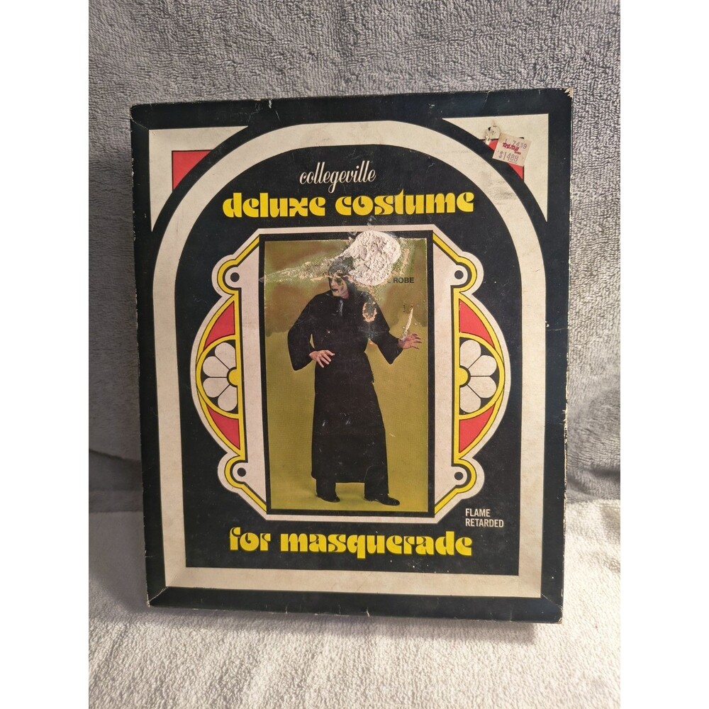Vtg 1970s Collegeville Deluxe Costume Ghoul Robe Black Hooded Jumpsuit Box...